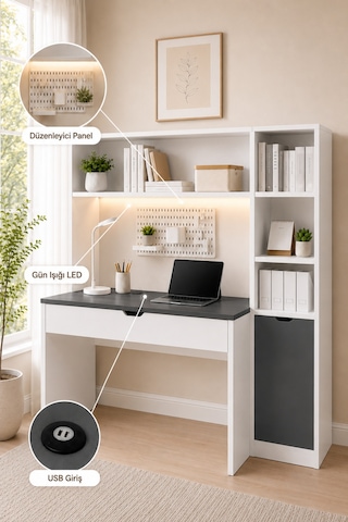 Bilgisayar Masası, Veni Ledli Usb Girişli Çalışma Masası Kitaplıklı Antrasit