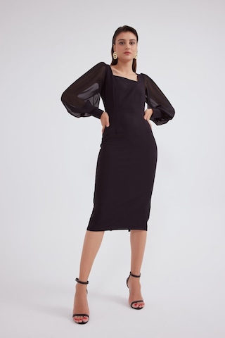 Sateen Şifon Kol Krep Elbise - Siyah