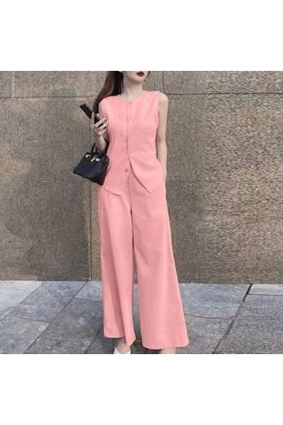 Zanzea Yaz Kıyafetleri Bayan Üstleri Ve Geniş Bacak Pantolon Rahat İki Parçalı Takım Elbise Seti Pembe