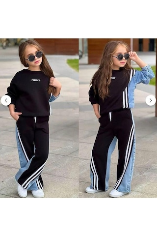 Kız Çocuk 3 İplik Şardonlu Kot Garnili Çizgi Detaylı Sweatshirt Ve Bol Paça Eşofman Takımı 1610-s Siyah Kız Çocuk 3 İplik Şardonlu Kot Garnili Çizgi Detaylı Sweatshirt Ve Bol Paça Eşofman Takımı 1610-s Siyah