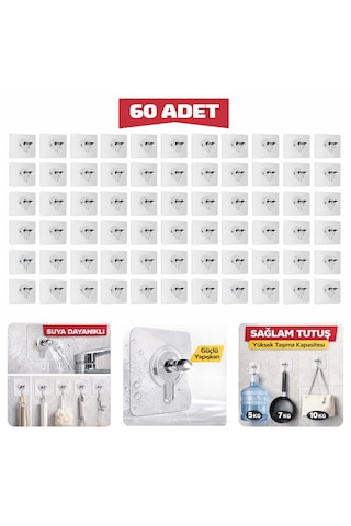 60 Adet Şeffaf Güçlü Yapışkanlı Duvar Askısı - Askı Seti