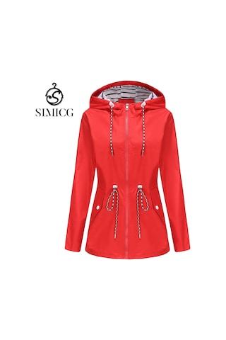 Kadınlar İçin Orta Boy Kapüşonlu Yağmurluk Büyük Beden Trençkot Kırmızı