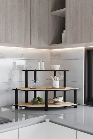 Dekoratif Oval Köşe 3 Katlı Tezgah Üstü Raf 50 Cm X 50 Cm Safir Meşe Meşe