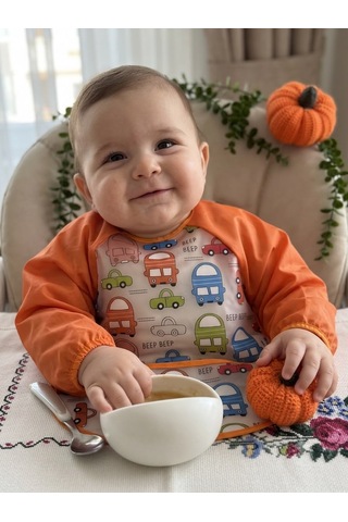 Sıvı Geçirmez Leke Tutmaz Araba Baskılı Uzun Kollu Mama Ve Aktivite Önlük Turuncu