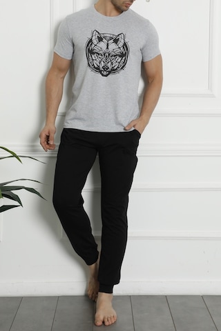 Erkek Pijama Takımı Kısa Kollu Cepli Pamuk 3 Lu Set Bermuda Şort Kurt Baskılı Gri Nıc1059 R09 Gri