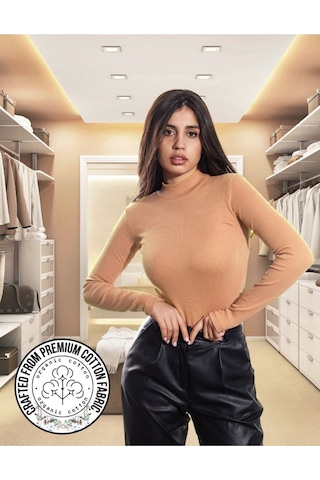 Alya Underwear Kaşkorse Yarım Boğaz Body Sweatshirt, Fitilli Kumaş, Likralı, Bordo Pudra