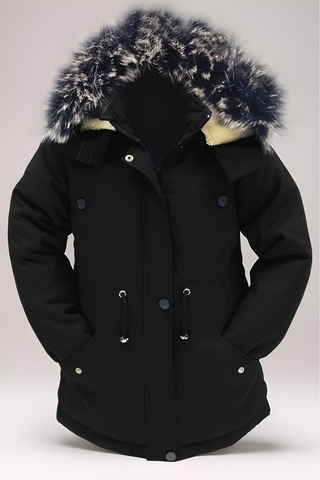 Asortix Unisex Kız/erkek Çocuk Kışlık Kanvas Kumaş Büzmeli Diz Üstü Içi Kürk Kapüşonlu Kaban Mont-mnt-0005 Siyah
