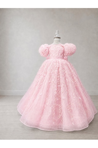 Star Kids Fashion Kız Çocuk Pembe Prenses Elbisesi Çiçek İşlemeli Kabarık Tül Abiye Doğum Günü Özel Gün Elbisesi