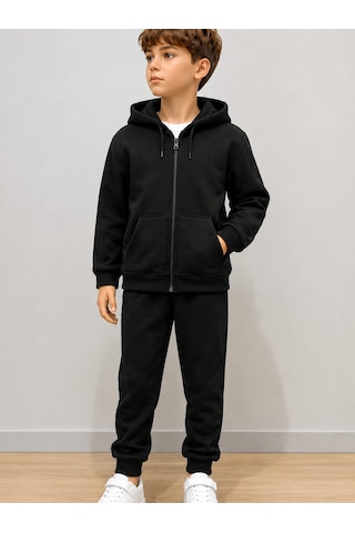Ela Kapşonlu 3 İp Şardonlu Kışlık Sweatshirt Siyah
