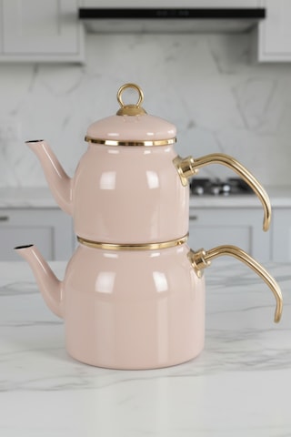 Pastel Rose Pembe Renk Emaye Çaydanlık Takımı İkili Gold Saplı