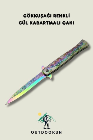 Gökkuşağı Renkli Gül Kabartmalı Kamp Çakı Gökkuşağı