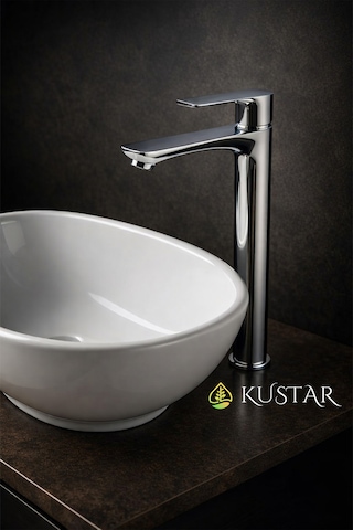 Lüks Çanak Lavabo Bataryası Yüksek Gövdeli Banyo Musluğu Krom Kaplama Tek Kollu Lavabo Bataryası