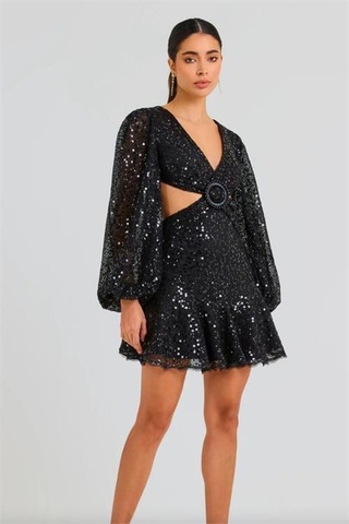 Kadın İthal Payet Kumaş Toka Detaylı Abiye Elbise Dpnbemp2584 Siyah