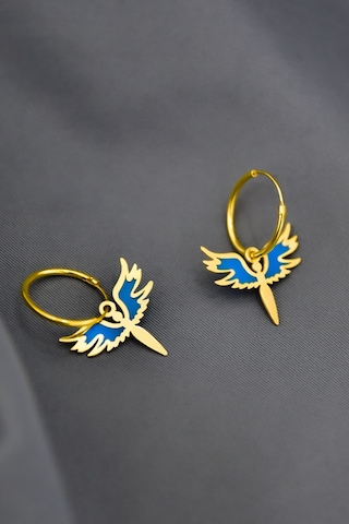 Papatya Silver 925 Ayar Gümüş Gold Kaplama Parlayan Rüya Serisi Tasarım Ebruli Mavi Cam Boya Mikail Meleği Küpe