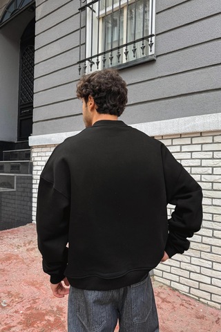 Flaw Nakışlı Half Zip Sweatshirt-28695 Sİyah
