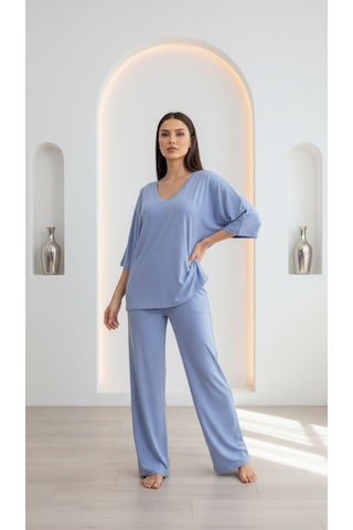 Divinus Bol Kesim V Yaka Yarım Kollu Pijama Takımı Mavi