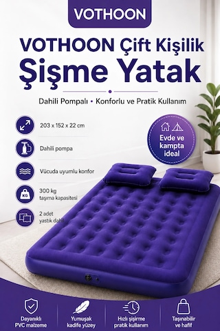 Vtn-62 Çift Kişilik Şişme Yatak Dahili Pompalı 203x152x22 Cm 2 Yastıklı Mavi