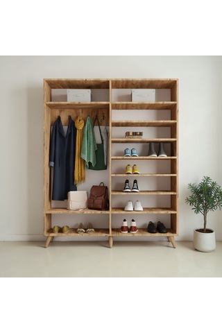 Alara Tamamı Mdf Aynalı Portmanto Vestiyer Ayakkabılık Çam 180 Cm - M2