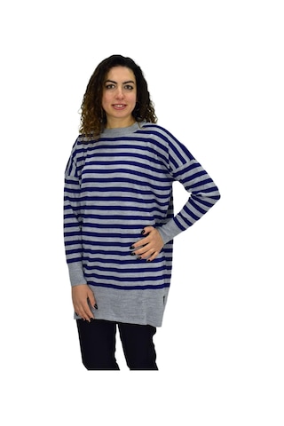 Kadın Çizgili Oversize Kazak Bgl-st04083 Saks Mavi