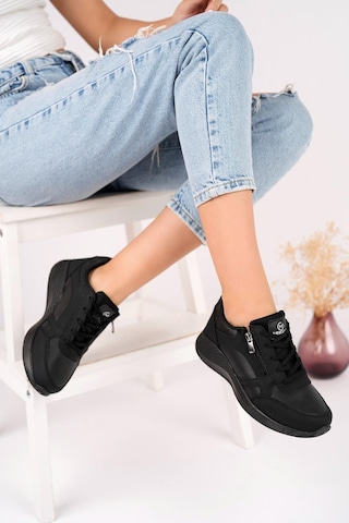 Muggo Asel Garantili Kadın Ortopedik Günlük Bağcıklı Yandan Fermuarlı Rahat Sneaker Spor Ayakkabı Siyah