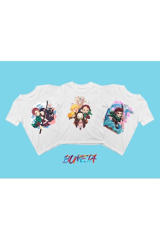 Bumeta Demon Slayer Karakter Baskılı Çocuk Tişört 3'lü Set Beyaz