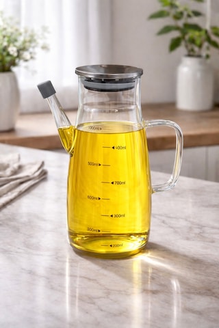 Makri Home 1000 Ml Cam Yağlık Sirkelik Sürahi, 22 Cm Yükseklik, 10 Cm Çap, Paslanmaz Çelik Kapaklı Şeffaf