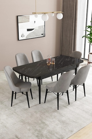 Familieconcept Almira Serisi, Siyah Mermer Desen 80x132 Açılabilir Mdf Mutfak Masası Takımı 6 Adet Sandalye Gri