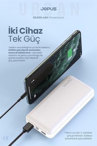 Jopus 20000mah Powerbank - Led Işık Göstergeli - Taşınabilir Şarj Cihazı Beyaz