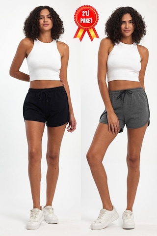 Mmetalic Kadın Yırtmaçlı Penye Kumaş Regular Fit Siyah-gri Kısa Mini Günlük Şort Çok renkli