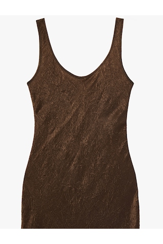 Koton Kolsuz U Yaka Slim Fit Saten Midi Abiye Elbise Kahverengi 6sak80115uw Kahve