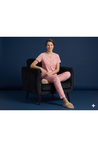 Sleeproom Yazlık Pembe Ananas Desenli Kısa Kol Penye %100 Pamuk Pijama Takım