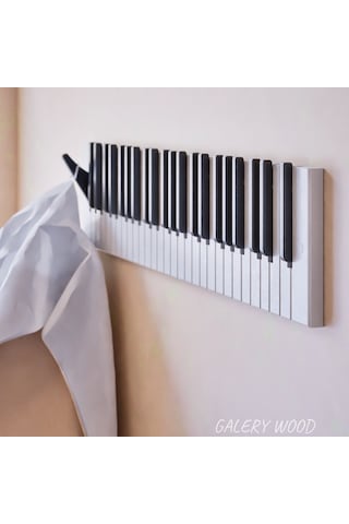 Dekoratif Piyano Elbise Askılığı 15x75 Cm 21 Tuşlu Ahşap Askılık Beyaz - Siyah