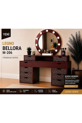 Legno Bellora Premıum Yuvarlak Aynalı Bordo Mermer Desenli Makyaj Masası
