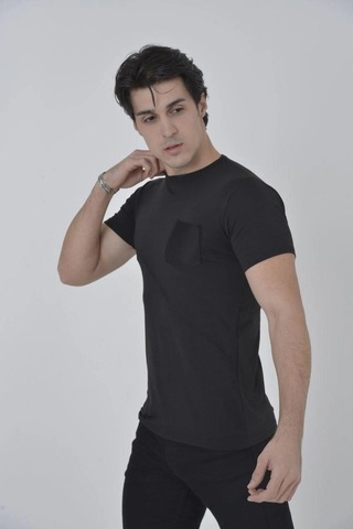 Primemagazam Erkek File Çepli T-shirt Kısa Kol Bisiklet Yaka Slimfit Tişört - Siyah Çeşitli
