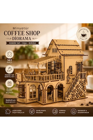 Coffee Shop Diorama Ahşap Maket Seti Dıy Miniatür Kafe Binası Koleksiyoner Modeli 362 Parça