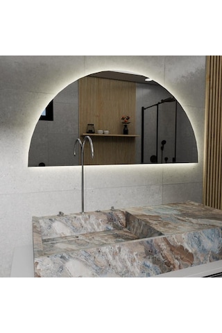 35x70 Cm Yarım Oval Led Banyo Aynası Dokunmatik Sensörlü, Dimmerli, 6500 Beyaz Işıklı Modern Duvar Aynası Beyaz