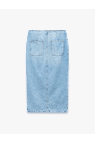 Koton Düğme Detaylı Yırtmaçlı Normal Bel Slim Fit Midi Denim Kalem Etek Açık İndigo 5sal70042md Açık İndigo