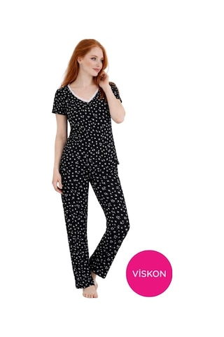 Seamlife Kadın Desenli Düğmesiz Bisiklet Yaka Kısa Kol Pijama Takımı-slim Fit Yazlık Homewear Siyah