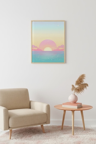 Doğal Ahşap Çerçeveli Retro Tablo - Pastel Tonlarda Gün Batımı Deniz Manzarası Huhu2510