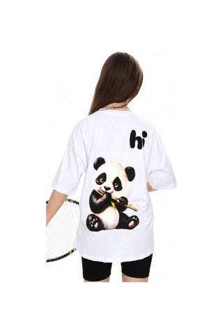 İrem Çocuk Giyim Kız Çocuk Önü Sırtı Hi Yazılı Panda Desenli Oversize Kalıp Beyaz Renk Kısa Kol Tişört Beyaz