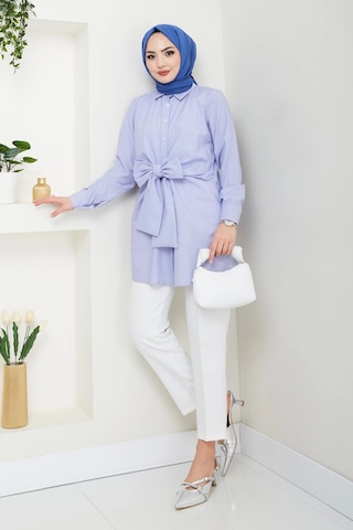 Çizgili Poplin Bağlamalı Gömlek - Mavi / Ü103 Mavi