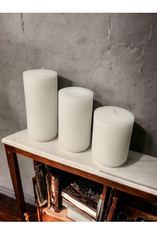 Silindir Mum 3'lü Kokulu Büyük Mum Dekoratif Mum Seti beyaz