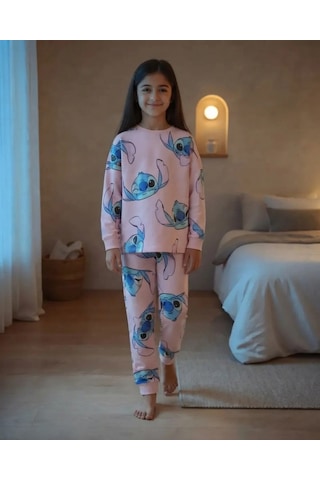 Isobel Kids Kız Çocuk Pembe Stitch Baskılı Uzun Kollu Pijama Takımı 2 Parça