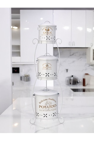 Toptanfoni Üç Katlı Yuvarlak Sepetli Patates, Soğan Ve Sarımsak Saklama Kabı. Beyaz