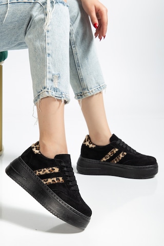 Bahrina Kadın Kalın Tabanlı Sneaker Siyah Süet Leopar