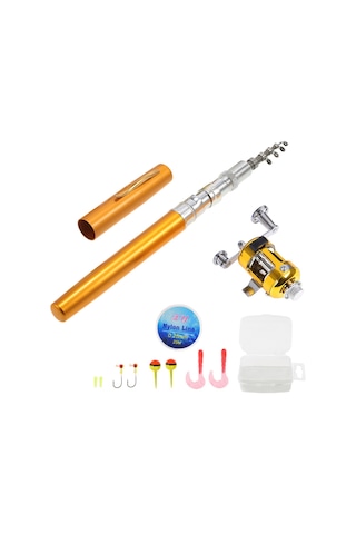 Jeehugo Alüminyum Alçımlı 1m Çubuklu Balıkçılık Seti - Mini Gümüş Makara, 25m İp Ve Yem Kutusu Altın Altın