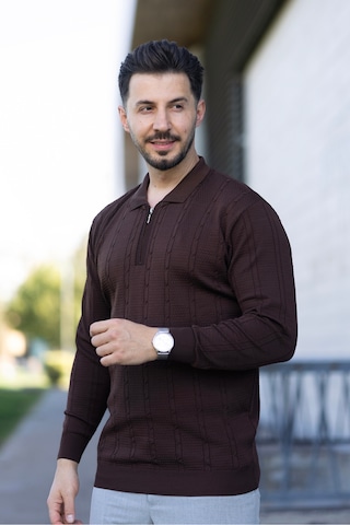 Hk Premium Triko Kazak Polo Yaka Fermuarlı Slim Fit Kahverengi