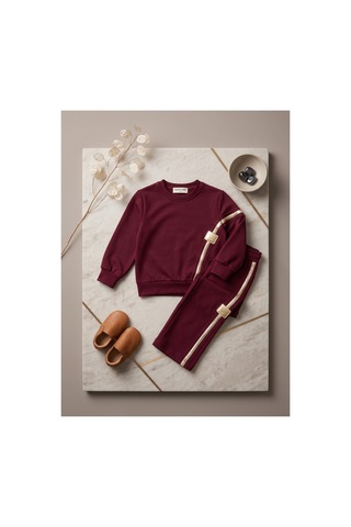 Deniva Kids Kız Çocuk Bordo Şerit Detaylı Rahat Kalıp Sweatshirt Eşofman Alt Üst Takım