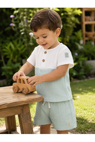 Babyhola Erkek Bebek Müslin Kumaş Şortlu Takım Yazlık Kısa Kollu 2 Li Takım 22455 Mint
