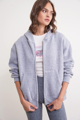 Mixray 2023 Unisex 3iplik Basic Polarlı Fermuarlı Sweatshirt Hoodie Gri